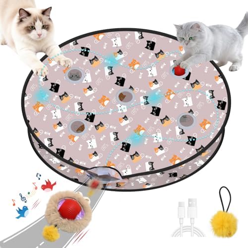 Interactive Cat Toy for Indoor Cats-Hide and Seek Cat Toy with 5-Holes Mat,Automatic Cat Toy Ball with Mouse Squeak in Pouch,Rechargeable Kitten Toy,Motion Activated Ball