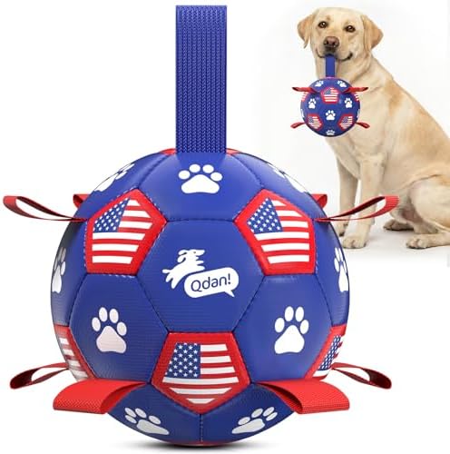 QDAN Dog Toys Soccer Ball with Straps, 8 Inch Dog Balls for Large Dogs | Outdoor Herding Balls for Dogs, Beach Pool Dog Water Toy, Interactive Puppy Soccer Toy with Tabs, Puppy Dog Birthday Gifts