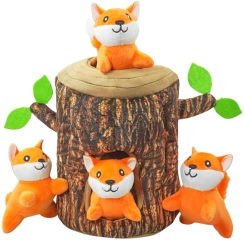 Hide and Seek Dog Toys Squeaky Fox Plush Toy with Crinkle Trunk, Interactive Dog Toy to Keep Them Busy Pet Teeth Clean Chew Toys for Small & Medium Dogs (Tree Trunk Hideout with 4 Fox)