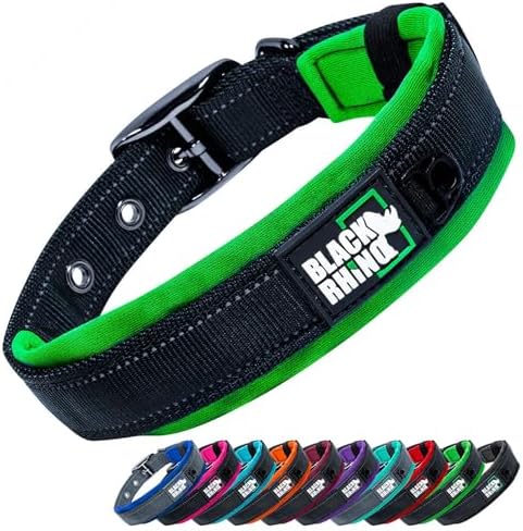 Black Rhino Dog Collars for Small Dogs - Adjustable Reflective Heavy Duty Dog Collar with Ultra-Soft Neoprene Padding - Weatherproof, Durable, and Comfortable for Active Dogs - Green and Black