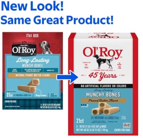 Ol Roy Munchy Bones Dog Treats, Peanut Butter Flavor, No Artificial Flavors or Colors, 60 oz, 21 Count with Bone Waste Bag Dispenser and Roll