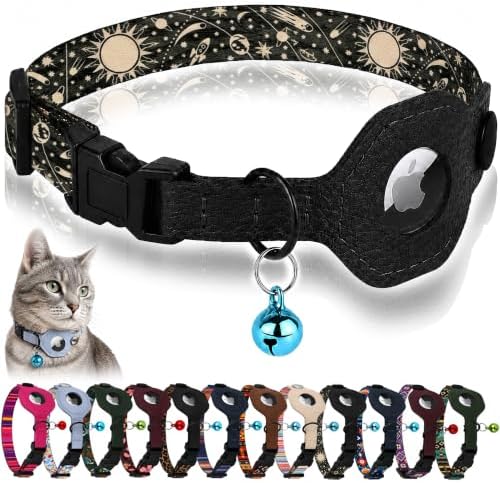 Breakaway Cat Collar with Leather AirTag Holder & Bell - Apple Air Tag Cat Collars for Girls & Boys, Lightweight Anti-Lost GPS Tracker Design, Printed Pattern - Safety and Adjustable (Space)