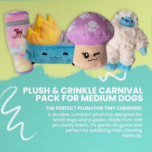 Snugarooz Plush & Crinkle Carnival Bundle for Medium Breeds – Magic the Mushroom, Dumpster Fire, Young Yeti & Pupley – Soft, Squeaky & Sensory Toy Play Pack