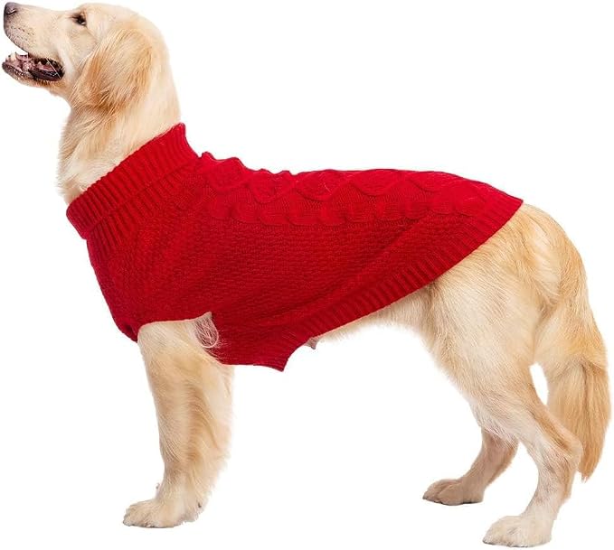 Mihachi Turtleneck Dog Sweater - Winter Coat Apparel Classic Cable Knit Clothes with Leash Hole for Cold Weather, Ideal Gift for Pet in New Year Red 3XL