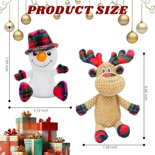 Dog Christmas Snowman and Reindeer Toy With Squeaker, 2 Pack With Crinkle Paper, Soft Pet Chew for Teeth, Interactive Plush for Small & Medium Dogs