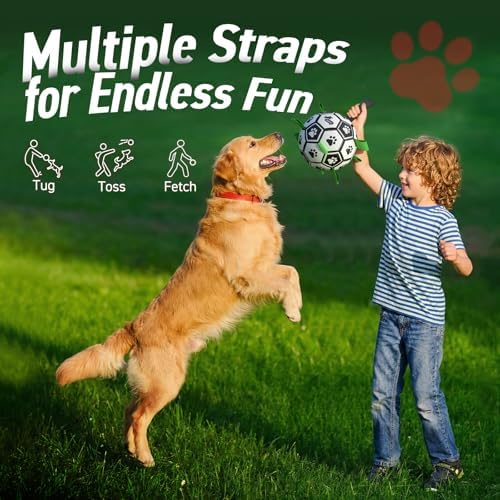 QDAN Large Dog Toys, Soccer Ball for Dogs with Straps, Herding Dog Balls | Interactive Soccer Toys for Tug of War, 8 Inch Dog Ball for Medium Large Puppy, Birthday Toy for 30-90 lbs Dogs, Water Toy
