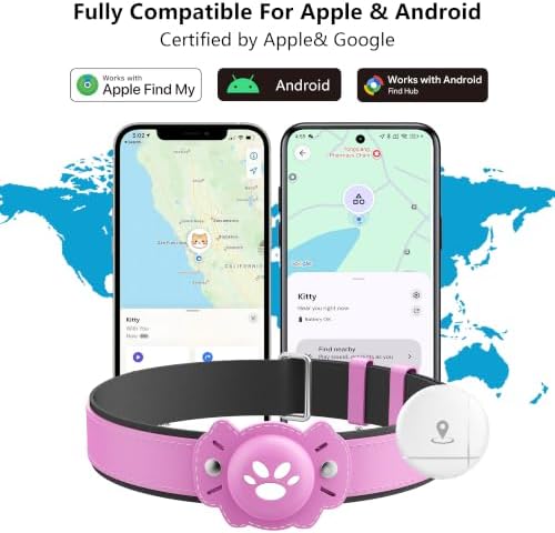 2-in-1 GPS Tracker for Cats: Smart Pet Collar with Real-Time Tracking,No Monthly Fee/Subscription (iOS & Android) Waterproof, Anti-Lost,365-Day Long Battery Life GPS Tracker Cat Collar (Pink)