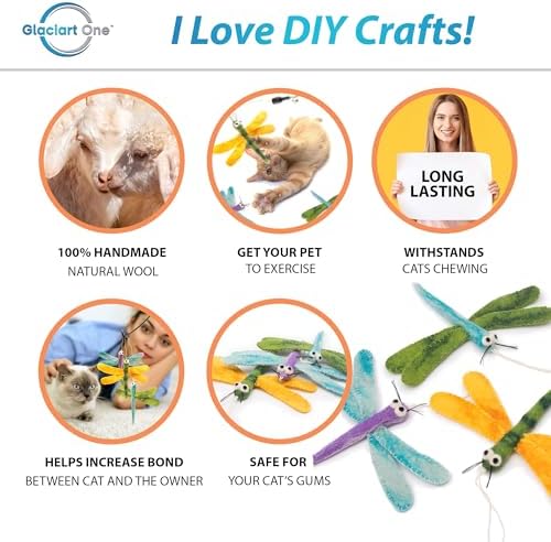 Glaciart One Cat Wand Toy Refill – 3pcs Wool Dragonfly Felt Cat Toy, Durable Lures Attachments for Indoor Play - Filled w/Organic Catnip to Excite/Calm Pet