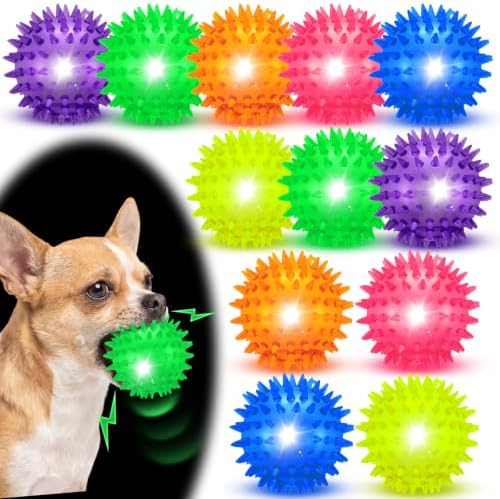 12 Pcs 2.56" Light up Squeaky Dog Balls LED Spiky Dog Toys Ball Durable Interactive Glow Fetch Balls Puppy Chew Toys for Small Medium Pet Clean Teeth