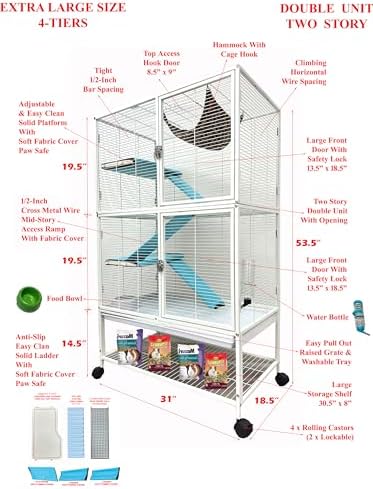 X-Large 31"x18.5"x53.5"H 4-Tiers Deluxe Two Full Story Double Unit Double Large Front Doors Tight 1/2-inch Wire Spacing for Feisty Ferret Hammock Chinchilla Cat Sugar Glider Critter Home On Wheels