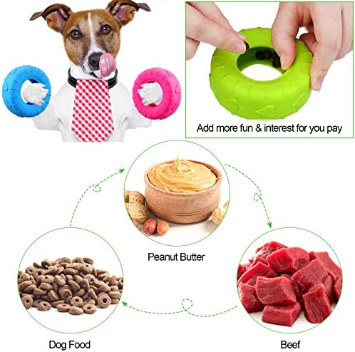 Leitee 3 Pieces Tire Chew Toy Treat Dispenser Indestructible Rubber Toy for Small to Medium Dogs Puppy Aggressive Chewers - Blue, Red, Yellow