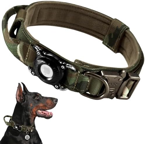 Never Lose Your Dog! AirTag Dog Collar with Waterproof Case | Tactical Collar for Large Dogs Featuring Military Handle & Durable Strap | Secure GPS Tracking for Apple AirTag (Camo, M)