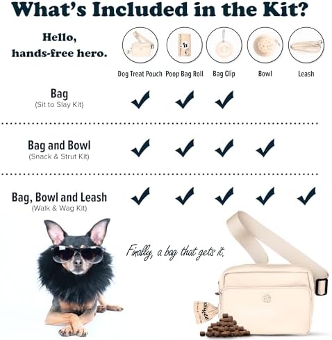 Puppington 3-in-1 Crossbody Dog Walking Bag & Treat Pouch for Pet Training - Matching Compostable Poop Bags, Built-In Poop Bag Dispenser & Slow-Feeding Travel Bowl (Vanilla Cream)