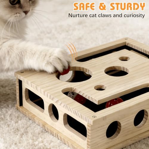 Cat Scratch Puzzle Enrichment Box, Wooden Cat Nail File Box Stress Free Alternative to Grinders, Maze Toy Box for Indoor Cats Scratching, with Sandpaper & 3 Bell Balls