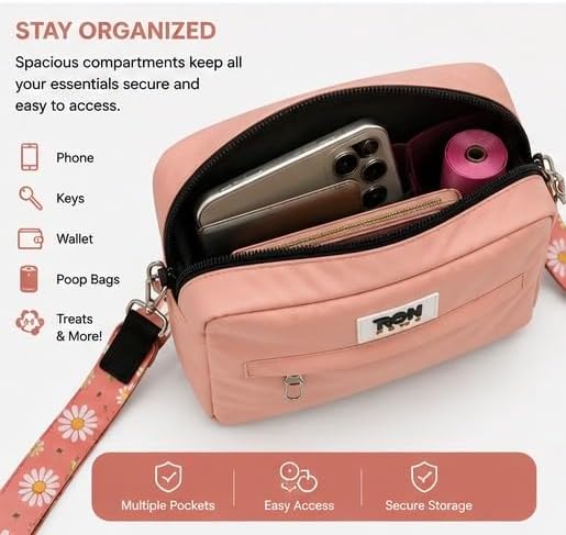 Hands-Free Dog Walking Crossbody for Training, Treat Pouch, Built-in Poop Bag Dispenser, Used Bag Hook & Bonus Tripod (Pink)