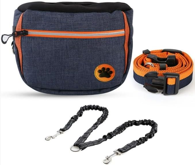 Dog Walking Waist Bag, Gray, Navy Blue, with Bungee Leash, Hands-Free Training Pouch, Treat Storage, Poop Bag Dispenser (Blue)