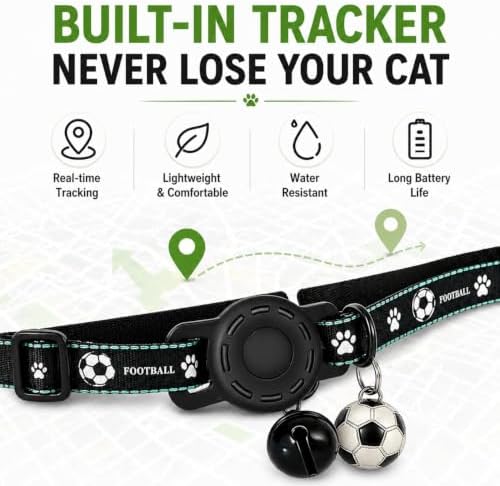 GPS Collar for Cats (Android Only) Pet Tracker, Soccer Style Smart Tag Compatible with Google Find My, Waterproof No Monthly Fee Cat Tracking Collar, Game Day Football Design for Pet Safety