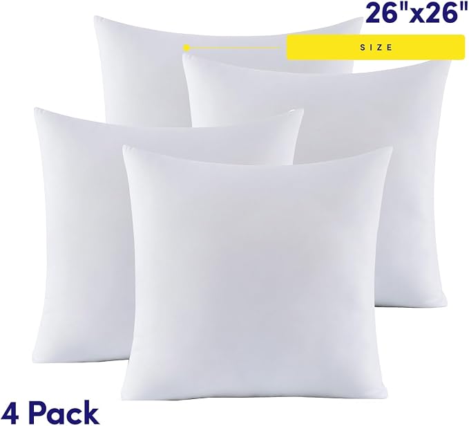 26X26 Pillow Inserts - Throw Pillow Set - Cushion Inserts for Decorative Throw Pillows Covers - Soft & Supportive Pillows for Couch, Sofa, Bed, or Chair, 4 Pack - 26" x 26"
