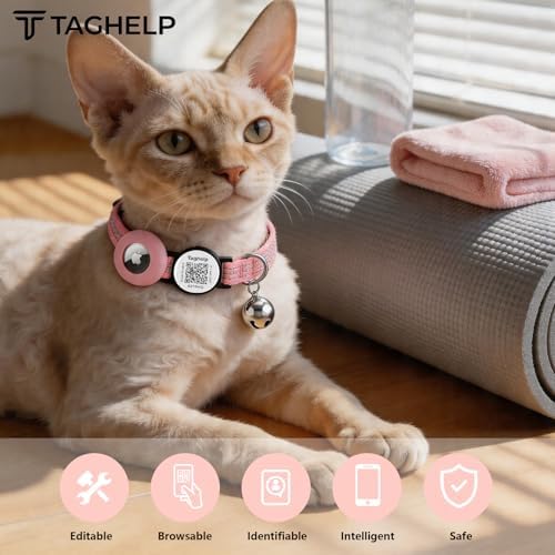 Reflective Kitten Collar Breakaway Apple Air Tag Cat Collar, GPS Cat Collar with AirTag Holder and Bell, Lightweight Tracker Collars for Girl Boy Cats Puppies (Pink)