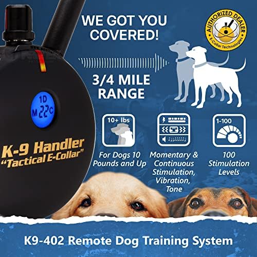 Educator K9-402 Two Dogs K9 Handler Professional E-Collar Training Collar with Remote - Up to 3/4 Mile Range, Waterproof, Rechargeable, 100 Stimulation Levels, Vibration, Tone, 33-Inch Bungee Collar