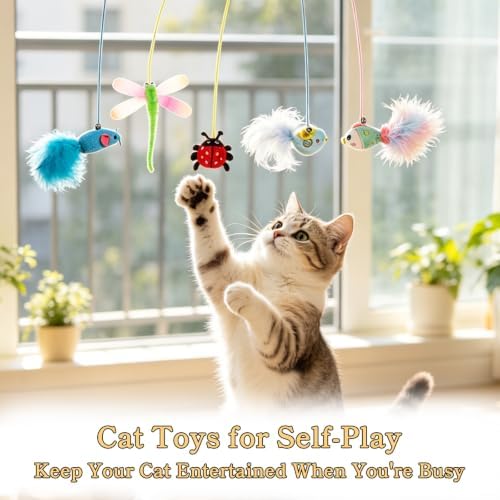 Hanging Door Cat Toy with Elastic String, Interactive Cat Toys for Indoor Cats, Retractable Door Hanging Cat Teaser with Bell/Feather/Plush (Animal Door Hanging 5 Pack)