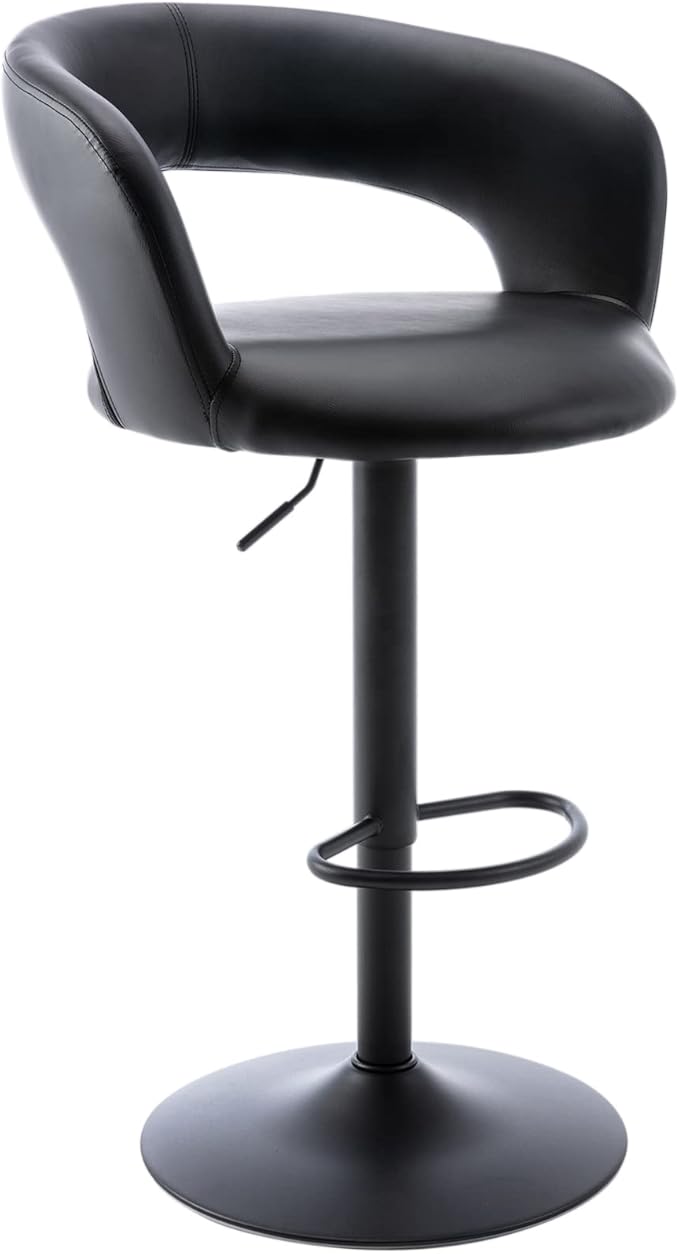 Brage Living Wide Bar Stool, Modern PU Leather Swivel Adjustable Barstool with Hollow Back and Arms, Upholstered Airlift Counter Height Bar Chair for Kitchen Dining (Black, Matte Black Base)