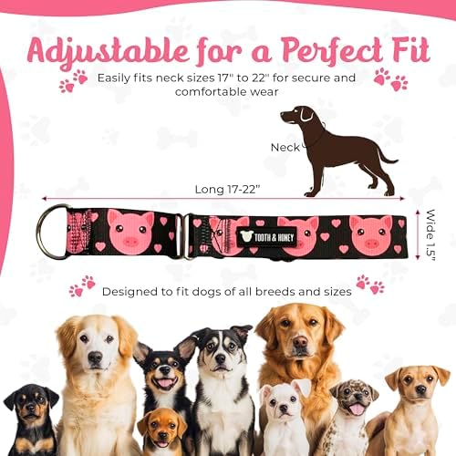 Tooth & Honey Martingale Dog Collar, 1.5-Inch Wide Pig Printed Design
