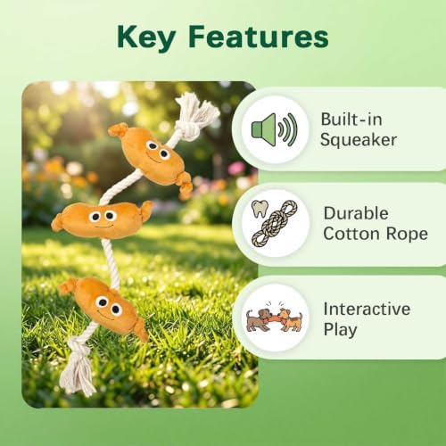 Orange Sausage Dog Rope Toy, Squeaky Plush Tug for Small Medium Dogs