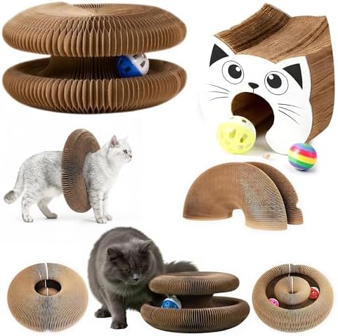 Kitty Kurlzz Cat Toy - Magic Organ Accordion Scratcher with Ball Track, Foldable Honeycomb Cardboard Scratching Board, Reversible Interactive Toy for Indoor Cats - Magic Cat Scratch Board (Cat Face)