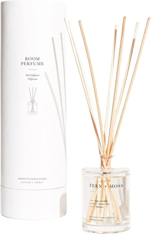 Brooklyn Candle Studio Reed Scent Diffuser - Fern & Moss - Relaxing Oil Diffuser, Sage, Lavender & Pine Fragrance, 8 Rattan Diffuser Reeds, Clean Ingredients - 4.4oz