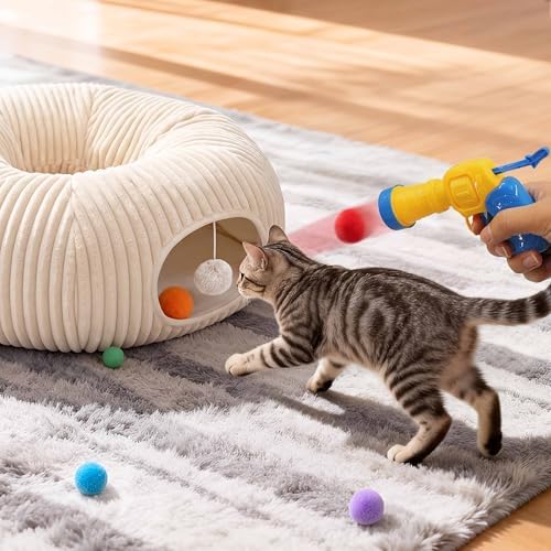 Cat Tunnel Bed with 31 Pcs Interactive Cat Toys, Automatic Cat Toys for Indoor Cats Kittens, Cat Tube with Moving Ball, White