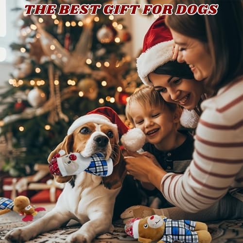 Christmas Dog Toys 5 Pack Blue Plush Squeaky Set with Santa Snowman Reindeer Bear Gingerbread Man for Small Large Medium Dogs for Gentle Play Easy Clean Not for Aggressive Chewers