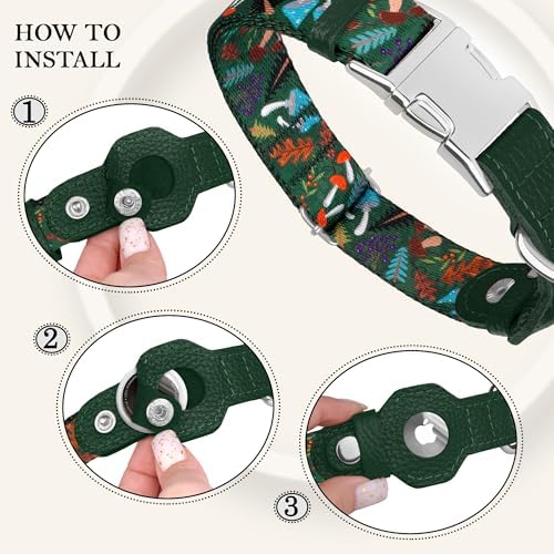 AirTag Dog Collar for Small Medium Large Breed - Adjustable Cute Pattern Dog Collar with Airtag Holder - Soft Leather Tracker GPS Apple Air Tag Pet Collars (Small, 12"-15" Neck Fit, Mushroom)