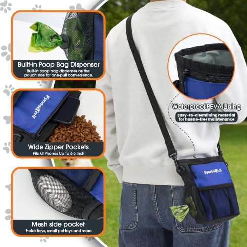 FDog Treat Pouch, 4 Cup Training Bag, Magnetic Closure, 3 Way Wear, Blue | 600D waterproof Oxford fabric, multi pocket storage, zipper and mesh pockets, pull out poop bag dispenser, includes 2 rolls