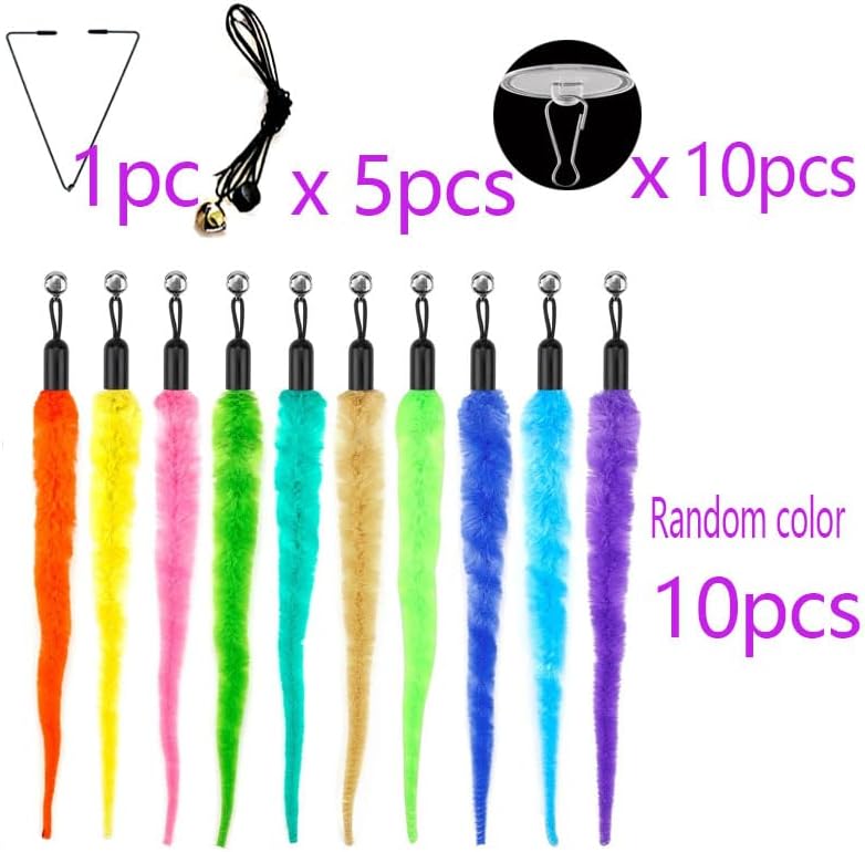 Door Hanging Cat Toys with Suction Cups, Interactive Hanging Feather & Plush Cat Toy with Bell, Assorted Replaceable Refills for Indoor Kitten Hunting Exercise (Caterpillar Set (10Pcs))