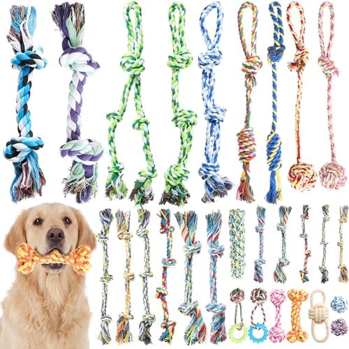 Leitee 50 Pcs Rope Dog Toys Bulk Cotton Puppy Chew Tug Knot Teething Toys