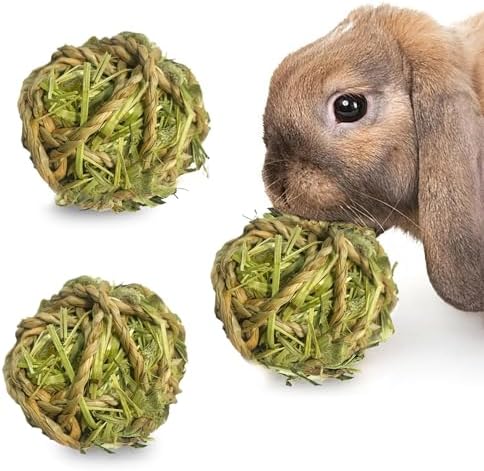 SunGrow Timothy Balls for Rabbits, Chew Toys for Oral Care & Digestion, High Fiber Hay Treats for Bunnies, Guinea Pigs & Small Pets, Teeth Trimmer & Encourage Foraging Instincts, 3 Pcs
