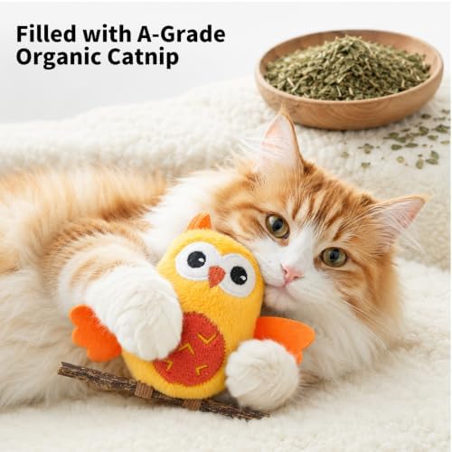 DODODOLA 2 PCS Interactive Cat Toys for Indoor Cats Owl Kitten Toys with 100% Pure Organic Catnip and Movable Silvervine Sticks Kittens Kitty Anxiety Relief Soft Cute Teething Chew Toys (BROWN+ORANGE)