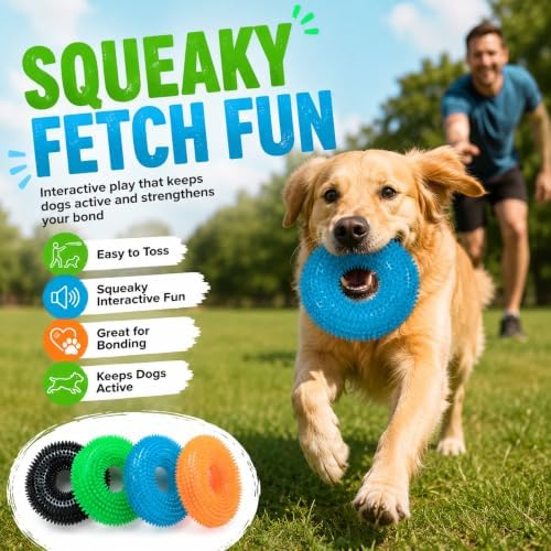 Dog Chew Toys for Aggressive Chewers, Squeaky Floating Donut Rings, 4 Pack