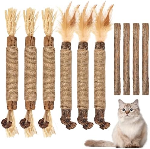 Bissap 10 PCS Silvervine Chew Sticks for Cats, Catnip Chew Sticks Cat Toys for Indoor Cat Kitten Teeth Grinding Interactive Feather Toys for Aggressive Chewers Dental Care