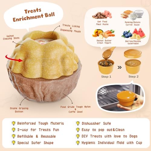 Dog Frozen Treats Toy, Cognitive Dogs Brain Stimulation Puzzle Toys for Aggressive Chewers, Interactive Dispensing Toy Enrichment Keep Them Busy No-Boredom, Tough Nylon&Coffe Wood Fillable Dog Feeder
