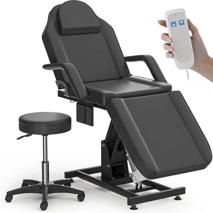 Electric Tattoo Bed Chair with Matching Adjustable Stool,Height - Adjustable Facial Esthetician Bed with Removable Headrest & Armrests, Multi - Purpose Spa Bed for Tattoo, Massage & More