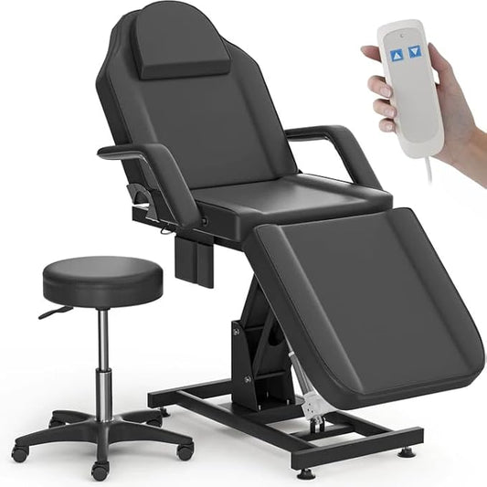 Electric Tattoo Bed Chair with Matching Adjustable Stool,Height - Adjustable Facial Esthetician Bed with Removable Headrest & Armrests, Multi - Purpose Spa Bed for Tattoo, Massage & More