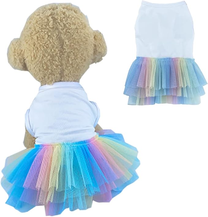 ANIAC White Dog Dress, Summer Puppy Clothes for Small Dog Girl, Spring Princess Dress, Cat Outfit, Pet Clothing for Cats & Kittens, Rainbow (X-Small, White)