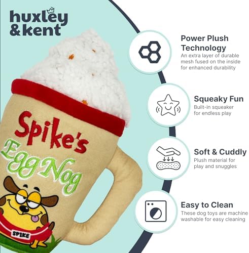 Huxley & Kent Funny Dog Toy w/Squeaker – Holiday Power Plush Squeaky Dog Toys for Small, Medium & Large Dogs – Soft Stuffed Animal for Indoor Play & Fetch - Spikes Egg Nog, Large