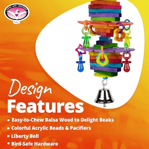 Super Bird Creations SB1184 Jolly Jingler Bird Toy - Enrichment Wooden Bird Toy - Satisfies Bird Chewing Instincts Parrots Ringnecks Medium Conures Quakers - Bird Toy for Medium Sized Birds, 8.5"x4"