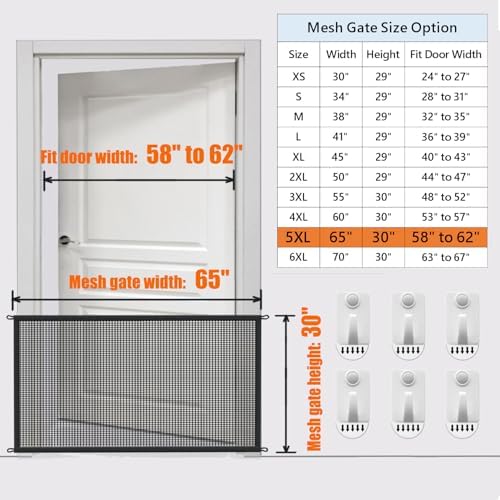 Dog Gate Indoor Pet Gates for Stairs: Dogs Screen Mesh Gate for The House Magic Gate for Kitchen Doorways Hallway Stairways Safety Porch Yard 30 inch Tall, 65 inch Wide