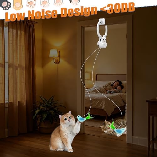 Interactive Cat Toys for Indoor Cats, Automatic Flying Bird Feather Wand Toy for Chase Exercise Enrichment, Rechargeable Durable Safe Hanging Cat Toy for Bored Kittens & Adult Cats