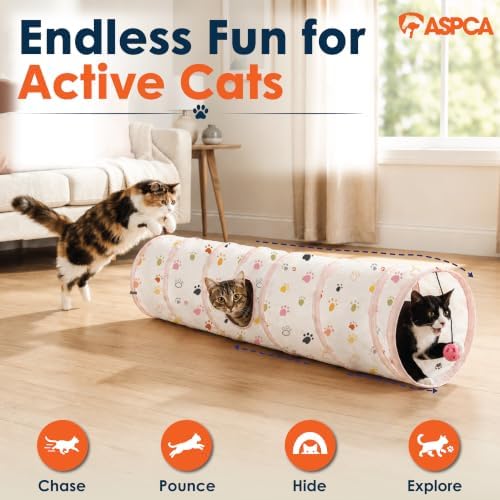 ASPCA Cat Tunnel with Rattle Toy – Interactive Collapsible Cat Tunnel for Indoor Cats, Crinkle Play Tunnel with Hanging Rattle Toy, Encourages Hiding, Chasing, Pouncing & Active Play, Paw Printed