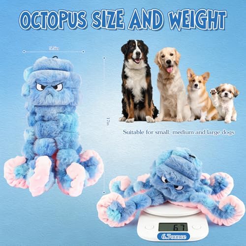 Tough Octopus Dog Toy, Interactive Squeaky & Crinkle Tug of War Toy for Aggressive Chewers, Large Durable Plush Chew Toys to Keep Dogs Busy- Crinkle Octopus, Large (Blue)
